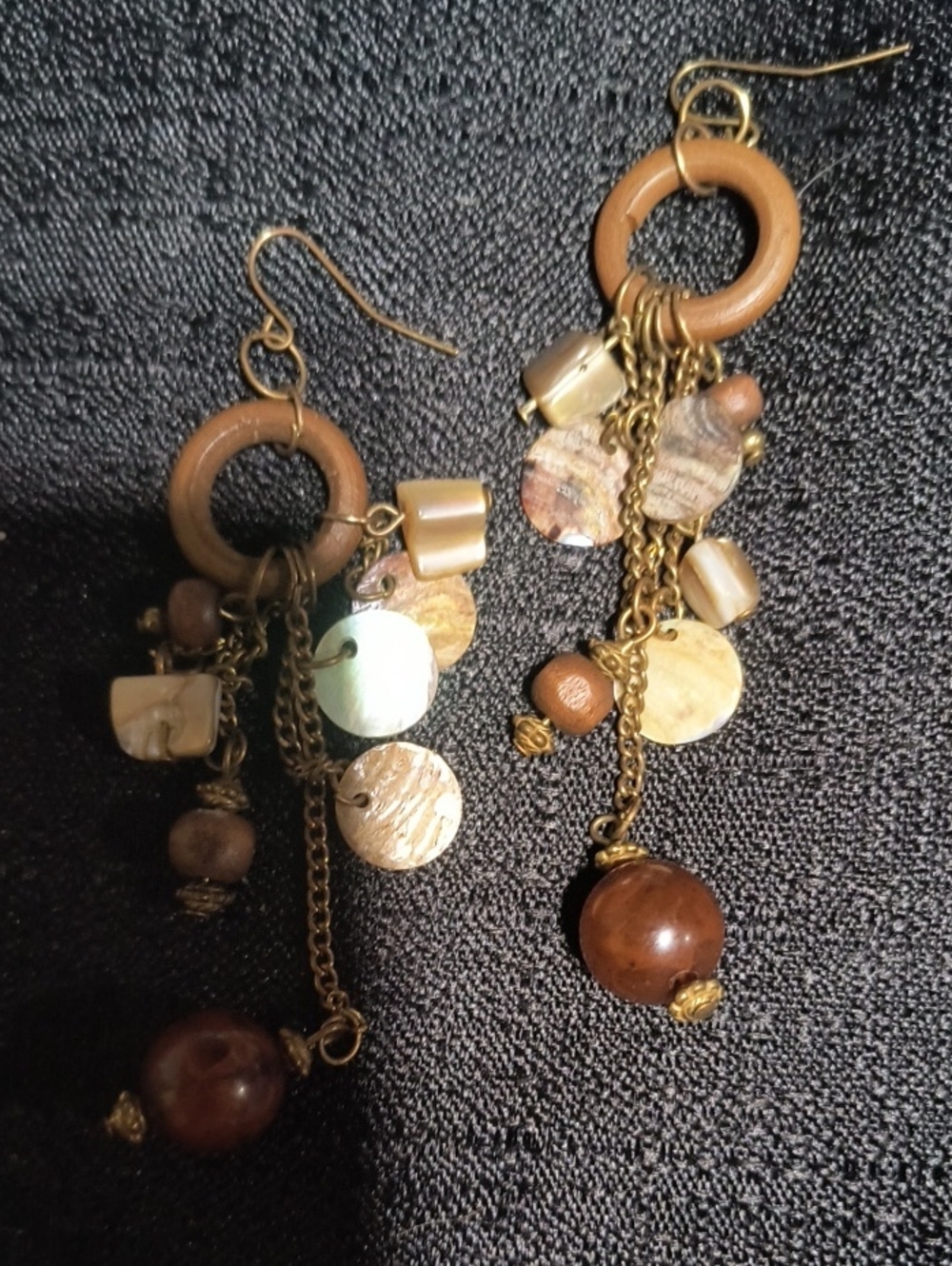 Boho Wood and Shell Dangle Earrings in Brown